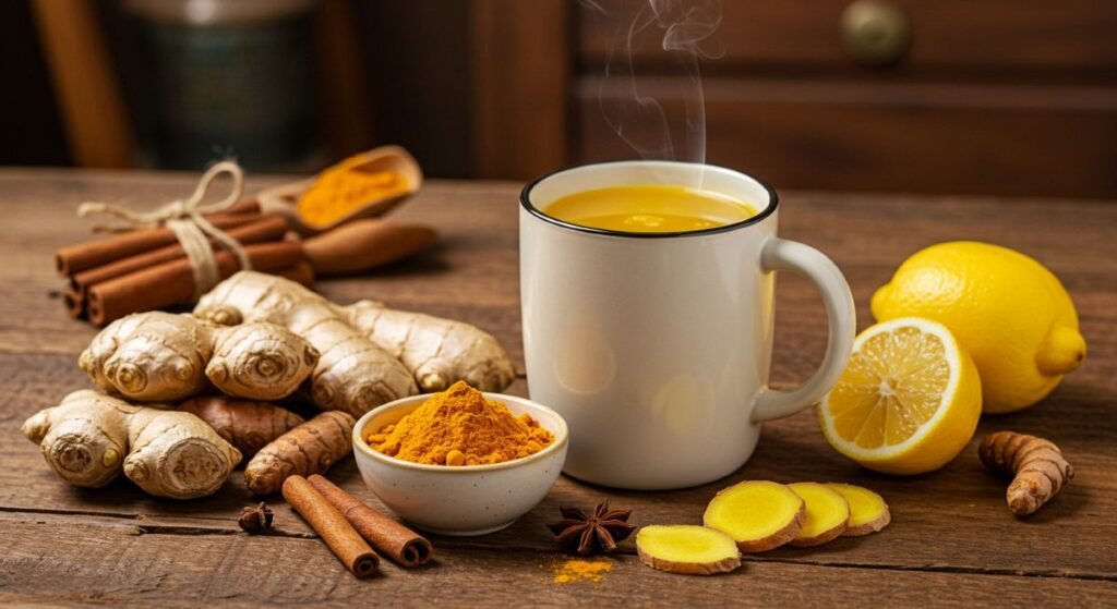 A cozy kitchen scene with a mug of turmeric ginger tea surrounded by fresh ginger root, turmeric powder, cinnamon sticks, and lemon slices.