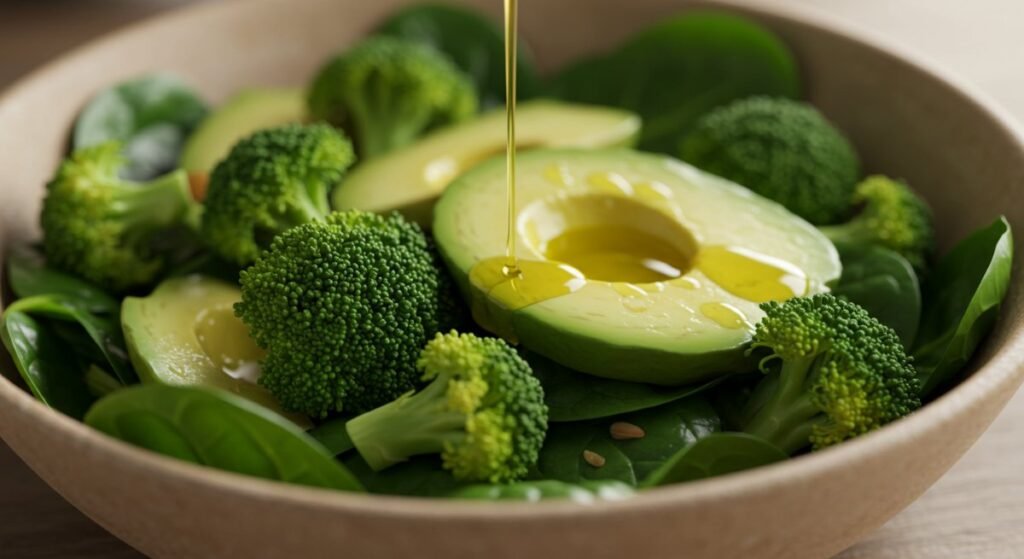 A close-up of a vibrant green salad bowl filled with spinach, kale, broccoli, avocado, and olive oil drizzle. Representing a good choice of Anti-Inflammatory Foods