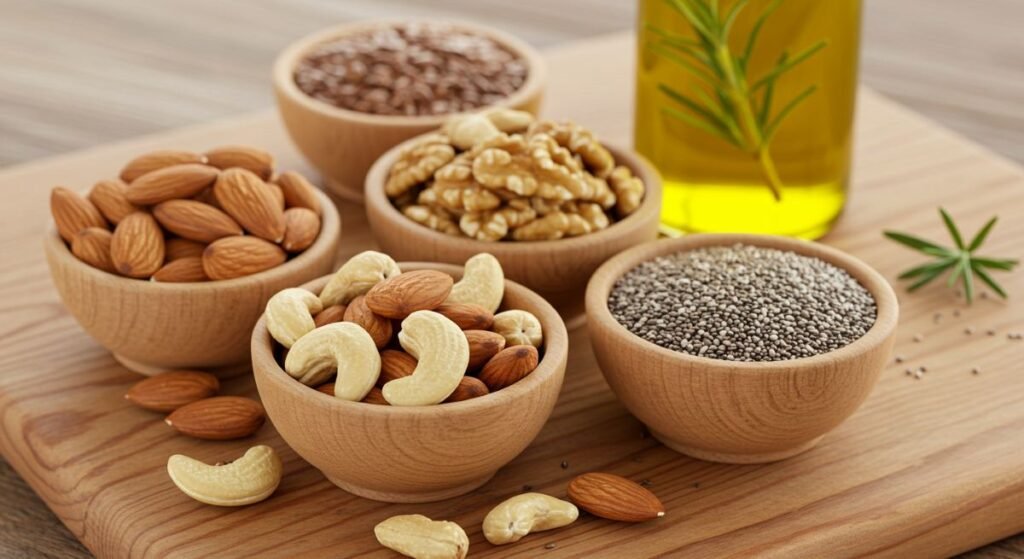 A rustic wooden board with bowls of mixed nuts, chia seeds, flaxseeds, and a glass bottle of olive oil with a sprig of rosemary.