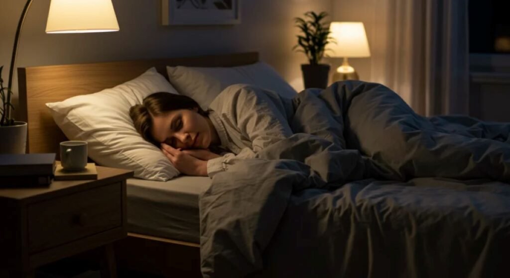 A serene and cozy bedroom scene. A person lies in bed under a blanket, appearing to be peacefully sleeping. The room's dim lighting from two bedside lamps creates a calm ambiance. A nightstand beside the bed holds a cup and some books, suggesting a moment of unwinding before sleep. In the background, a lush green plant adds a touch of nature to the setting. This atmosphere emphasizes the Benefits of healthy living by highlighting the importance of quality rest in maintaining both mental and physical well-being.
