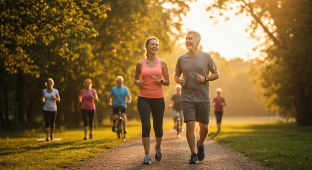 A group of adults jogging and cycling in a park during golden hour, promoting physical activity and community engagement as part of a healthy lifestyle. Regular cardiovascular exercise is one of the main benefits of healthy living, improving heart health, energy, and mental clarity.