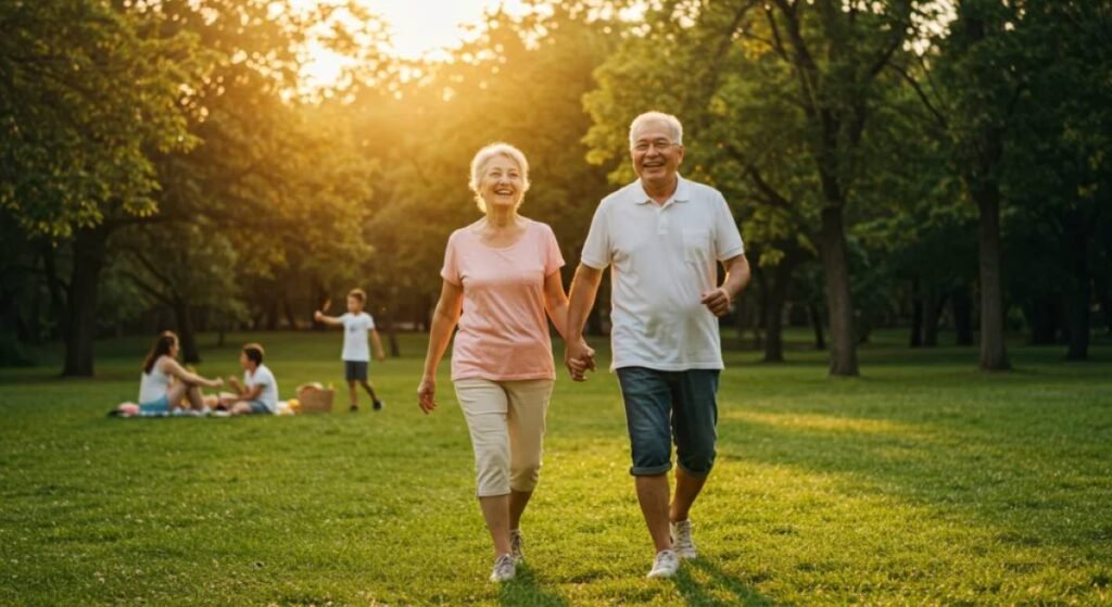 An elderly couple enjoying a serene moment in a park at sunset. They are casually dressed, with the woman in a pink shirt and beige pants, and the man in a white polo shirt and denim shorts. They walk hand in hand across a grassy area surrounded by lush trees, with a warm golden glow from the sunlight filtering through. The peaceful scene is enhanced by others in the background a group sitting on a picnic blanket and a child playing adding to the atmosphere of togetherness and vitality.