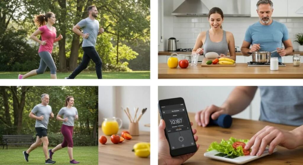 A collage depicting different aspects of healthy living: jogging outdoors, cooking nutritious meals, preparing salads, using a fitness app, and drinking fresh juice. This image communicates the holistic benefits of healthy living, combining exercise, technology, and nutrition to improve well-being and prevent disease.