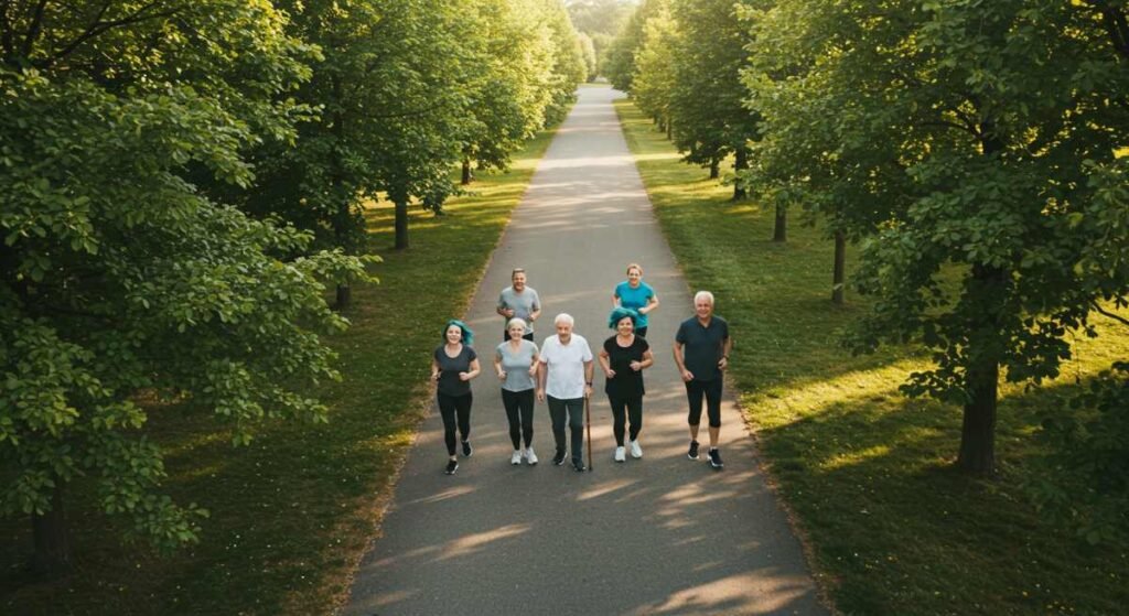 A group of diverse people of different ages walking together in a park with green trees, smiling and active enforcing Daily Walking Benefits.
