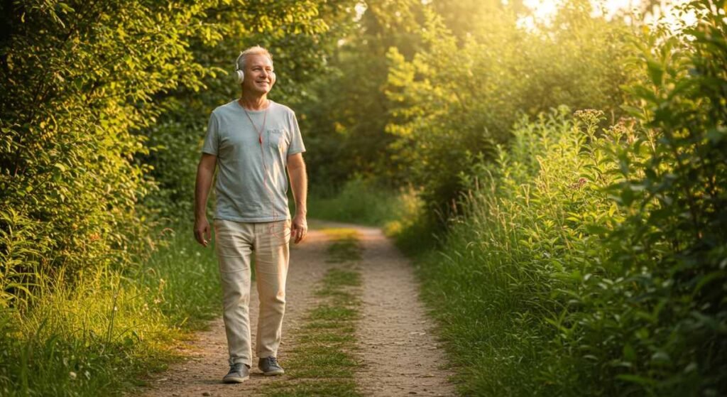 A peaceful person walking on a nature path with headphones, smiling and surrounded by greenery, sunlight filtering through the trees, enjoying the Daily Walking.
