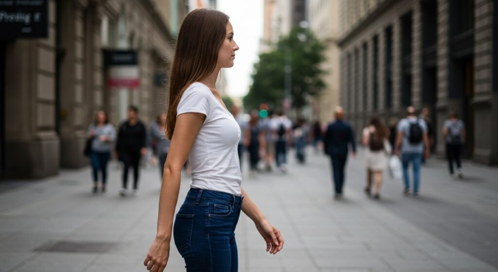 A side view of a woman walking with correct posture on a city sidewalk, arms swinging naturally, with upright alignment.