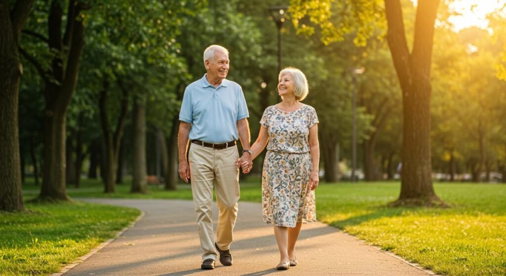 An elderly couple walking hand-in-hand on a park, both smiling, with sunlight and trees around them.