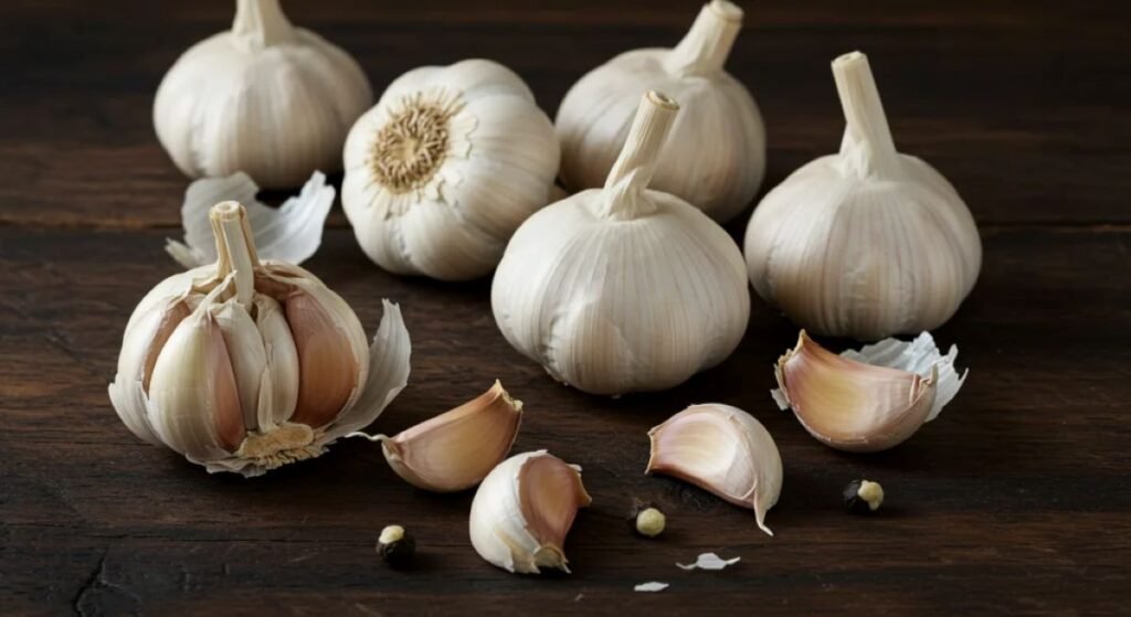 Fresh garlic bulbs and cloves arranged on a rustic wooden table. The image highlights the natural texture and vibrant color of garlic, a powerful superfood known for its immune-boosting, anti-inflammatory, and heart-protective properties. Ideal for articles and blogs focused on natural remedies, healthy eating, immune support, and medicinal foods to boost immunity.