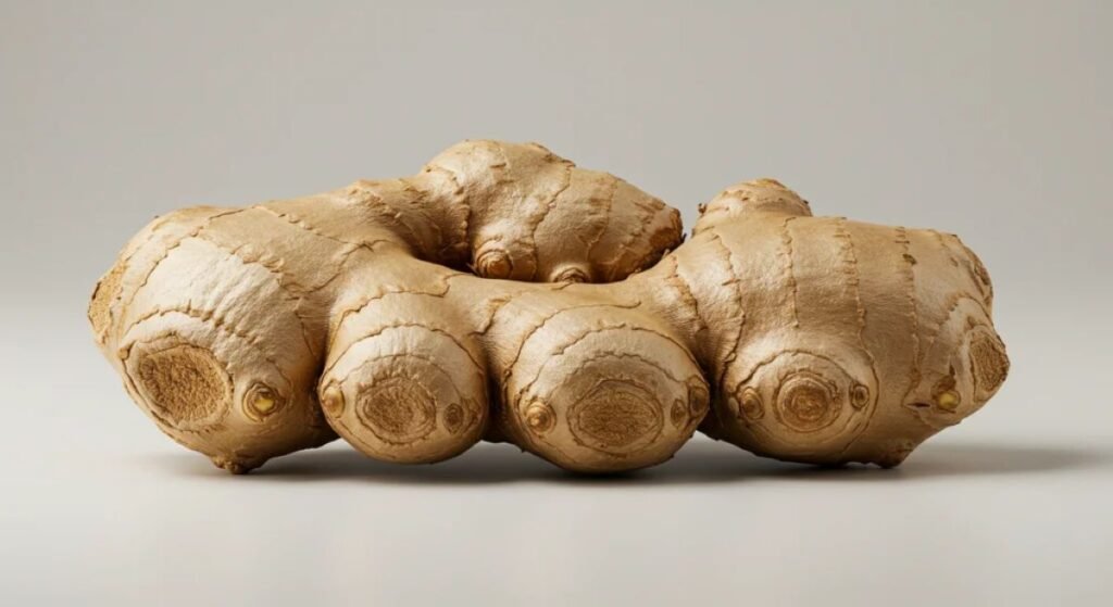 This image features a close-up of a ginger root, showcasing its rough and textured surface with distinct bulbous sections and visible growth nodes. Its light brown hue stands out against a neutral background, highlighting its natural appearance. A powerful superfood known for its immune-boosting. Ideal for articles and blogs focused on natural remedies, healthy eating, immune support, and medicinal foods to boost immunity.