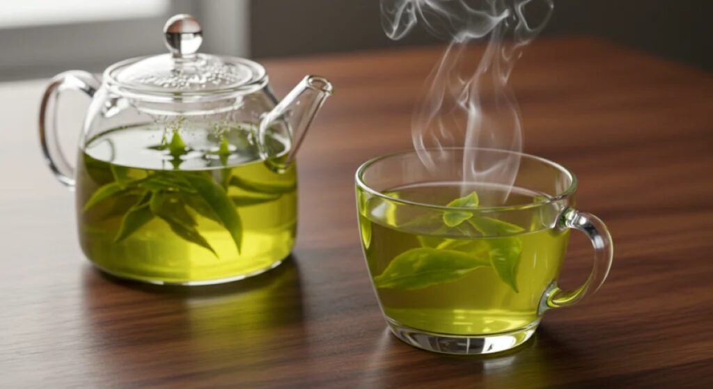 A glass teapot and a glass cup, both filled with green tea. The tea is infused with green tea leaves, and steam gently rises from the cup, suggesting the tea is freshly brewed and warm. The setup emphasizes the soothing and natural benefits of green tea, which is widely recognized for its immune-boosting properties. Rich in antioxidants like catechins, green tea helps strengthen the immune system by combating oxidative stress and supporting overall health. Including it in your daily routine is a refreshing and effective way to improve your body’s defenses, aligning perfectly with the theme Foods to boost immunity.
