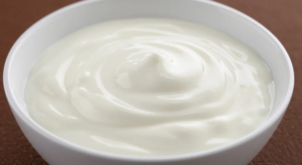 A simple yet appetizing scene of a white bowl filled with creamy white yogurt. The yogurt has a smooth texture, with visible swirls indicating that it has been stirred or freshly poured. The bowl's clean design complements the warm, earthy tones of the wooden background. This wholesome visual highlights as consuming certain foods like yogurt rich in probiotics and calming nutrients can support relaxation and improve the immunity.