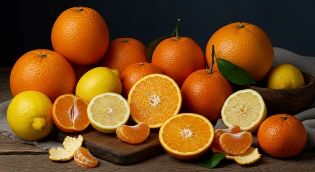 A vibrant assortment of fresh citrus fruits including oranges, tangerines, and lemons displayed on a rustic wooden table. Perfectly sliced and whole fruits showcase juicy textures and rich colors, emphasizing their high vitamin C content. This healthy, natural setup highlights immune-boosting foods and promotes clean eating and wellness. Ideal visual for content on boosting immunity, healthy diets, and vitamin-rich foods.