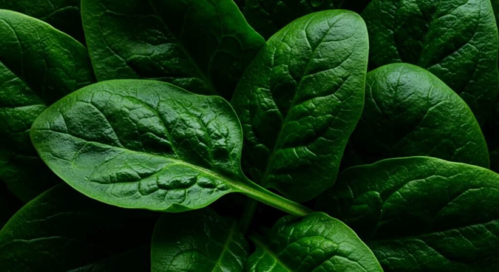 A vibrant collection of fresh spinach leaves in close detail. The leaves are a rich green color, featuring a slightly glossy surface with visible veins that highlight their natural texture. The arrangement emphasizes the health benefits and nutritional value associated with spinach, a leafy green rich in vitamins, minerals, and antioxidants. Including spinach in your diet will promoting overall wellness, which contributes to improved immune system.