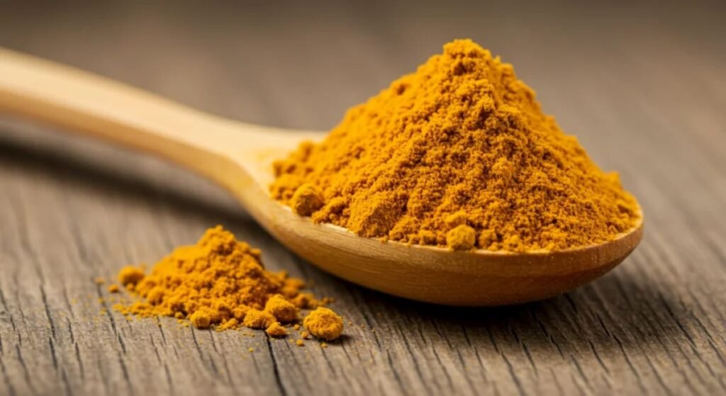A wooden spoon filled with vibrant turmeric powder, a striking yellow-orange color, with some of the powder spilled on the wooden surface beside it. Turmeric is a commonly used spice known for its bold flavor and numerous health benefits, including its anti-inflammatory properties. Incorporating turmeric into your diet supports overall wellness, aligning with boost immunity by promoting relaxation and health through mindful nutrition.
