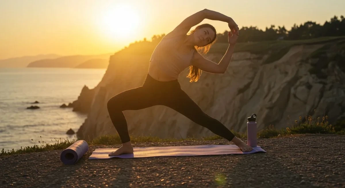 Woman practicing yoga at sunset near the sea, with a stretching posture in a natural and reassuring setting.