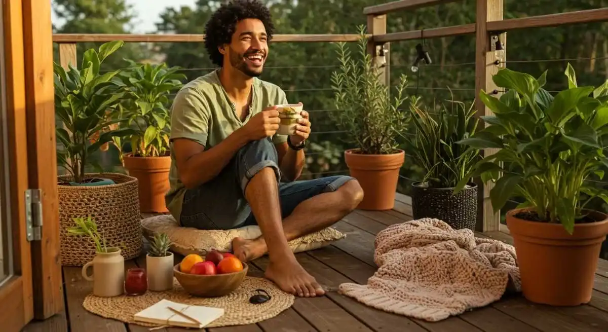 Happy man sitting on a deck surrounded by plants, holding a cup and enjoying a relaxing moment. Natural and cozy atmosphere.