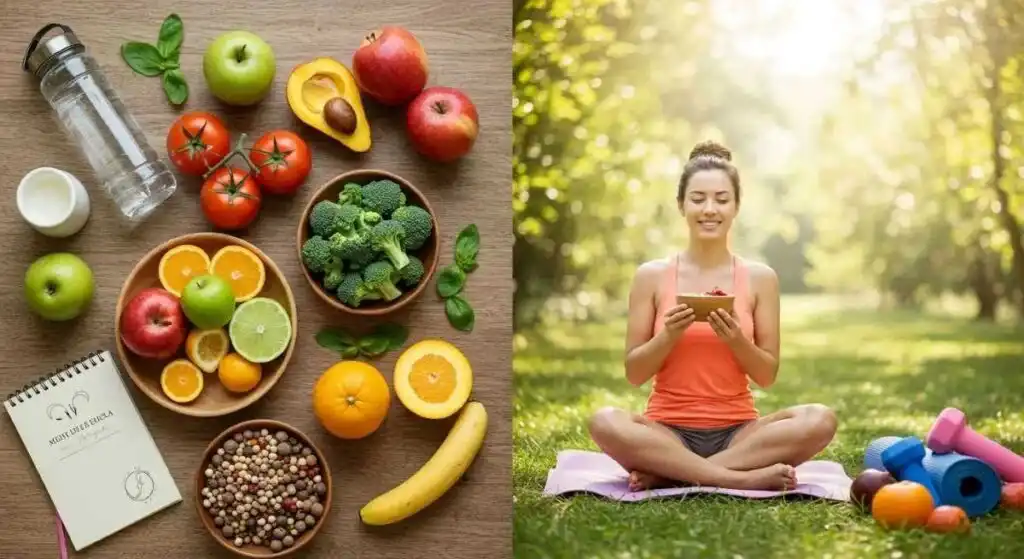 Image that represents the concept of healthy lifestyle with fruits, vegetables, and a woman practicing mindfulness in an outdoor environment.