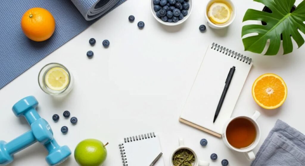 A bright and serene flat-lay image of healthy living essentials on a clean white background: fresh fruits (like berries and oranges), a glass of lemon water, fitness accessories (yoga mat, dumbbells), a journal with a pen, a cup of herbal tea, and a leafy green plant. Soft natural lighting, minimalist style, top-down view. Ideal for a wellness blog homepage.