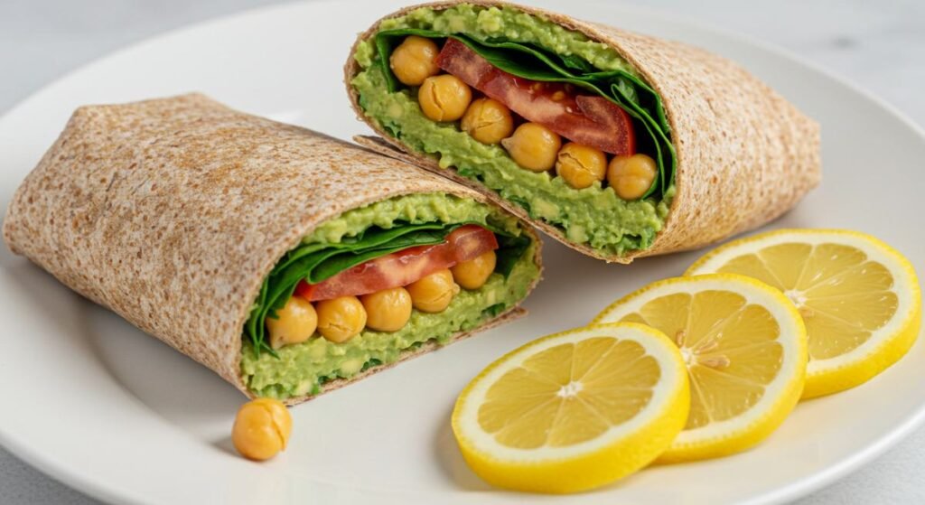 A whole-grain wrap filled with mashed avocado, chickpeas, tomatoes, and spinach, sliced in half and served on a plate with a side of fresh lemon wedges.