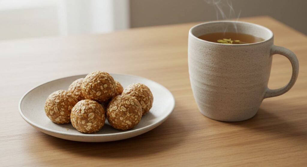 A small plate with round oat-and-peanut-butter energy bites, placed next to a cup of herbal tea on a cozy table setting.
