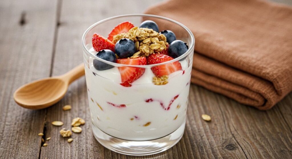 A clear glass filled with Greek yogurt, strawberries, blueberries, granola, and honey drizzle on top, placed on a rustic wooden counter beside a spoon and cloth napkin. Representing a Healthy Quick Recipes for breakfast preparation.
