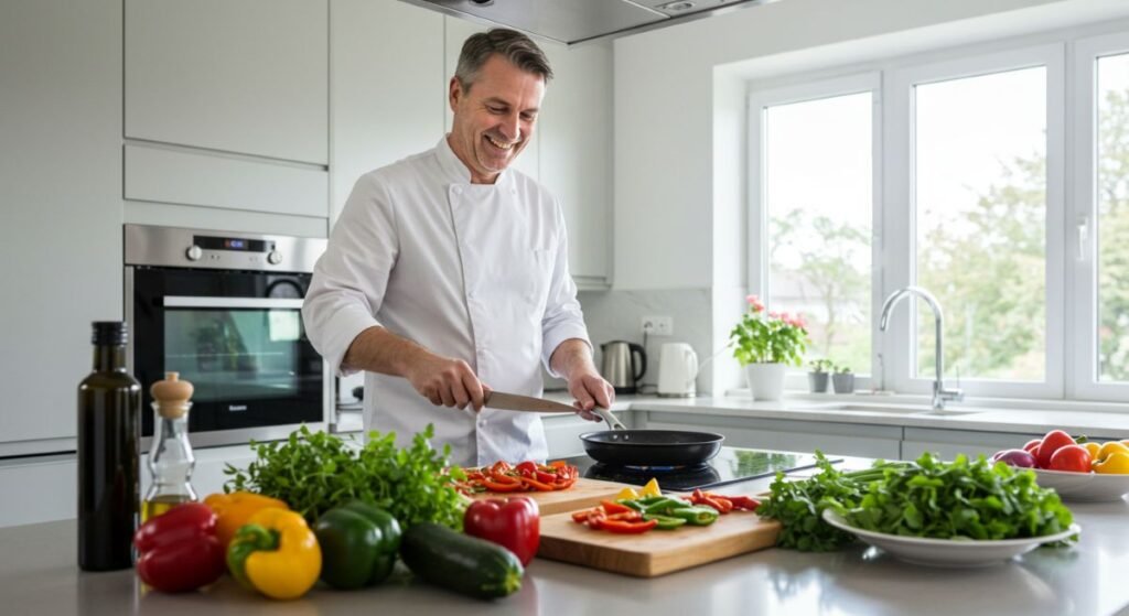 A happy person quickly preparing a colorful meal in a modern kitchen fresh vegetables, herbs, olive oil, and a pan on the stove, with a clean and bright atmosphere representing a Healthy Quick Recipes preparation.