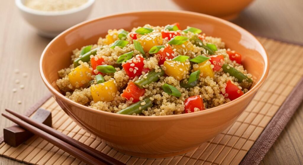 A vibrant bowl of quinoa topped with sautéed vegetables, garnished with sesame seeds and fresh green onions, sitting on a bamboo mat with chopsticks.
