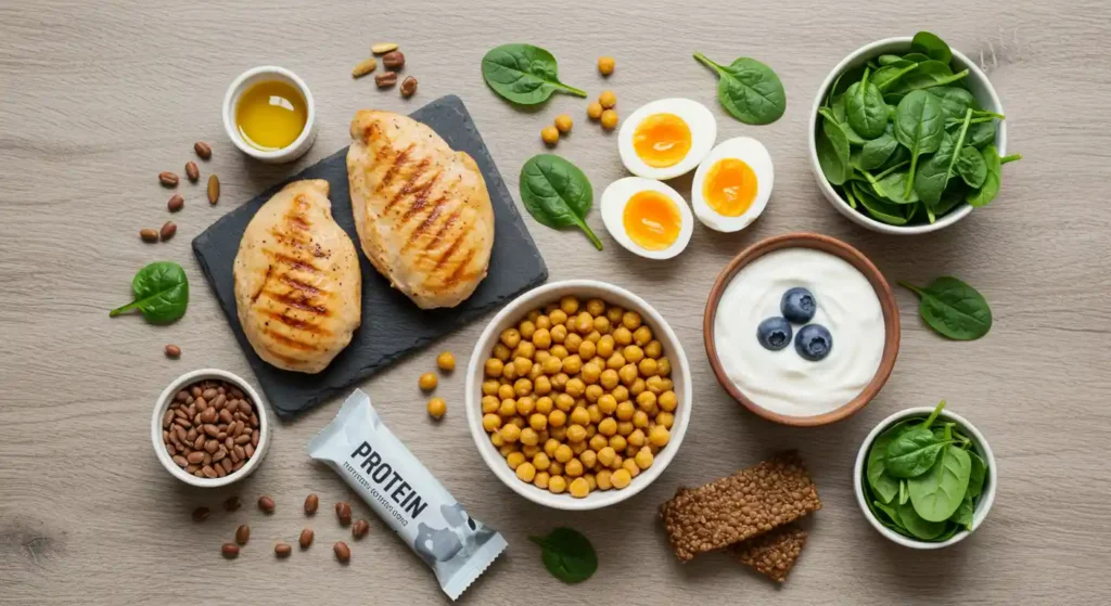 A healthy meal rich in protein, including grilled chicken breast, chickpeas, hard-boiled eggs, yogurt, and vegetables like spinach. Ideal for those looking for a balanced diet to safe weight loss.