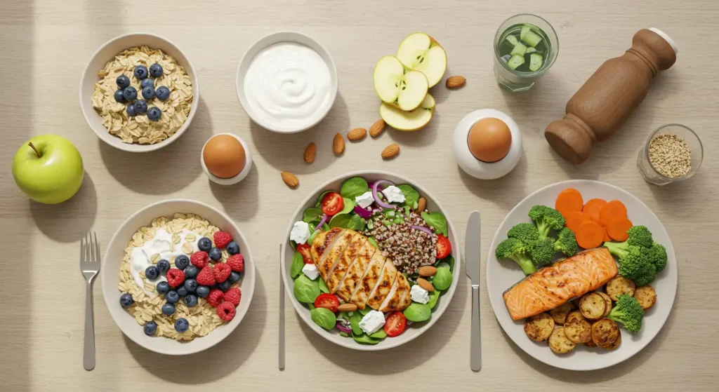 Image of a healthy meal with salads, oatmeal, fruit and yogurt, highlighting balanced options for nutritious eating.