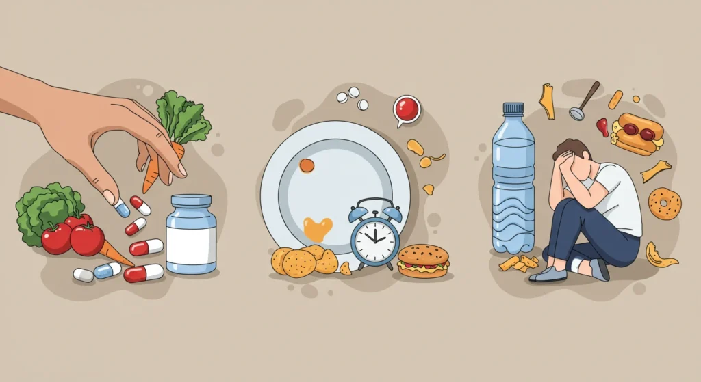 Illustrative image of healthy eating and unhealthy eating, focusing on the balance between vitamins and junk food.