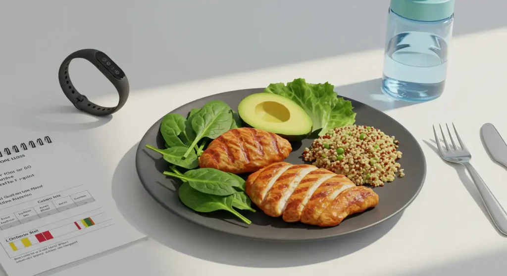 Hearty dish with grilled chicken, avocado, spinach, and quinoa salad. Ideal for those looking for a balanced and nutritious diet to safe weight loss.