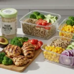 Image showing healthy meals prepared with a focus on weight loss, including grilled chicken, fresh vegetables, and protein-rich snacks.
