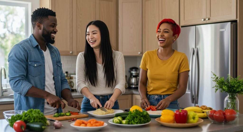 Friends cooking a healthy meal together in a cozy kitchen, laughing and sharing food prep responsibilities.