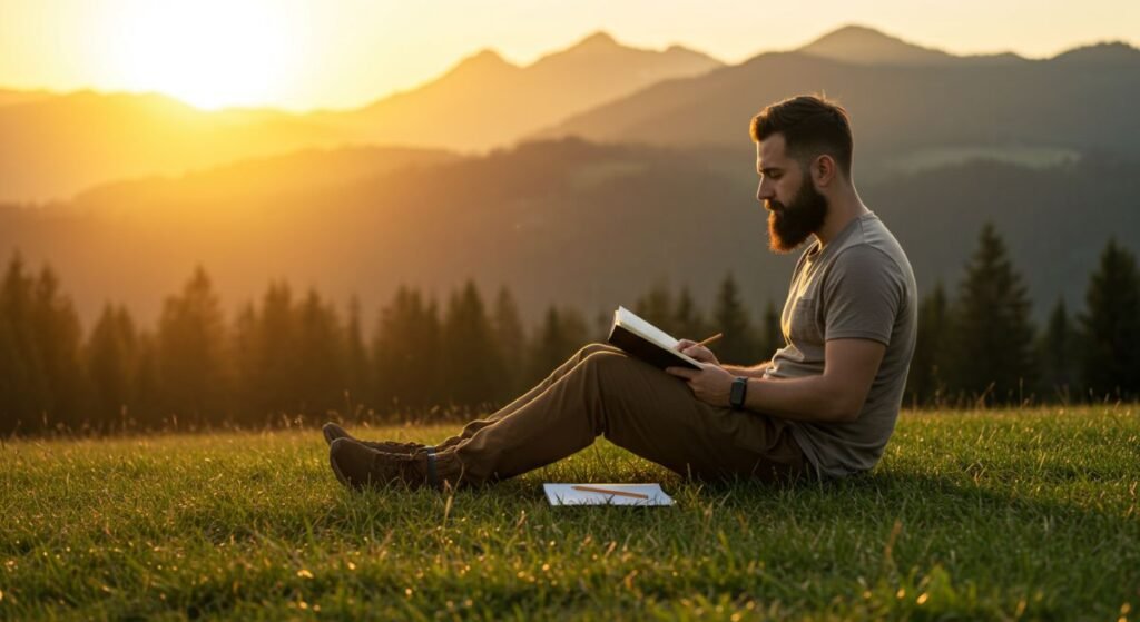 A calm scene of someone meditating or journaling outdoors at sunrise, with mountains or trees in the background and a man sit down and Managing the Stress Mindfully on his notebook.