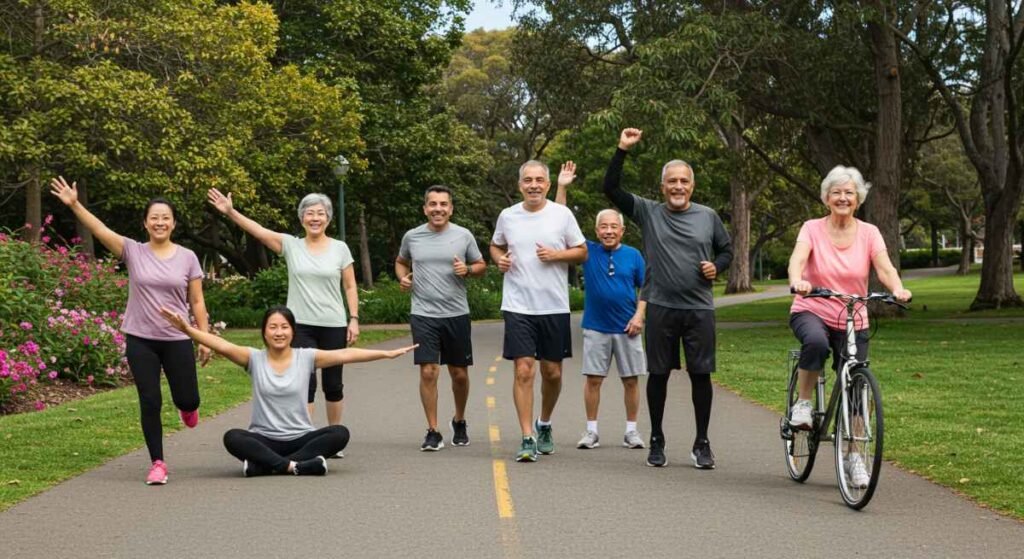 A diverse group of people of all ages smiling and doing different types of exercise outdoors (yoga, jogging, cycling, etc.) in a park symbolizing a movement in different ways.