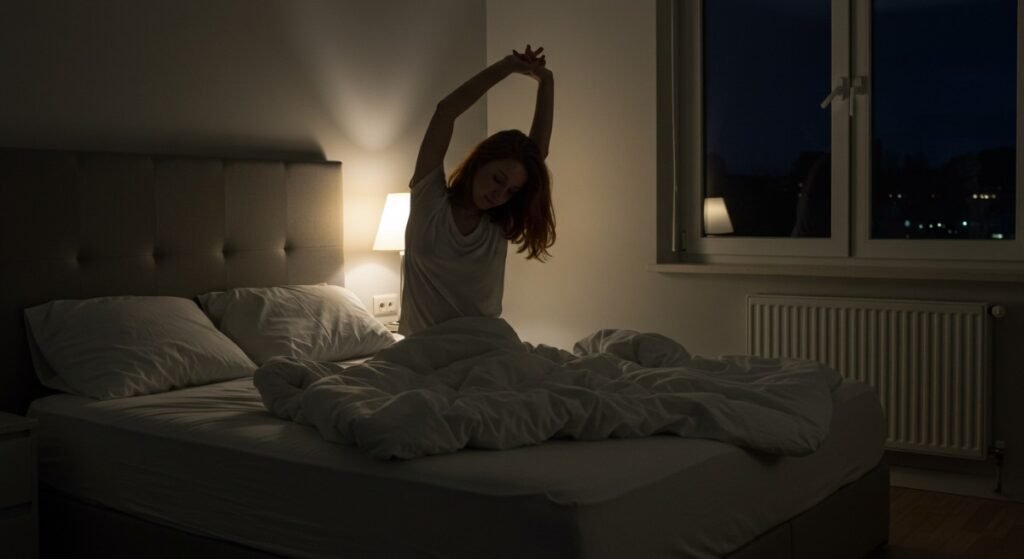 A peaceful bedroom scene at night with dim lights, an open window, soft bedding, and a person stretching before bed. Prioritizing Sleep and Recovery