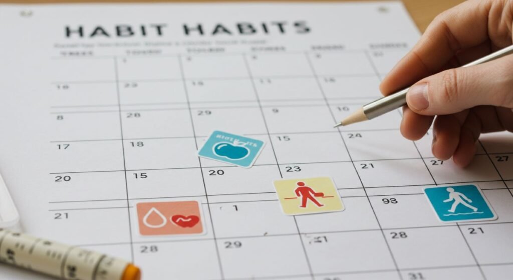 A progress board or calendar with small habit stickers (e.g., water drop, apple, walking icon), symbolizing step-by-step healthy habit tracking for sustainable healthy lifestyle.