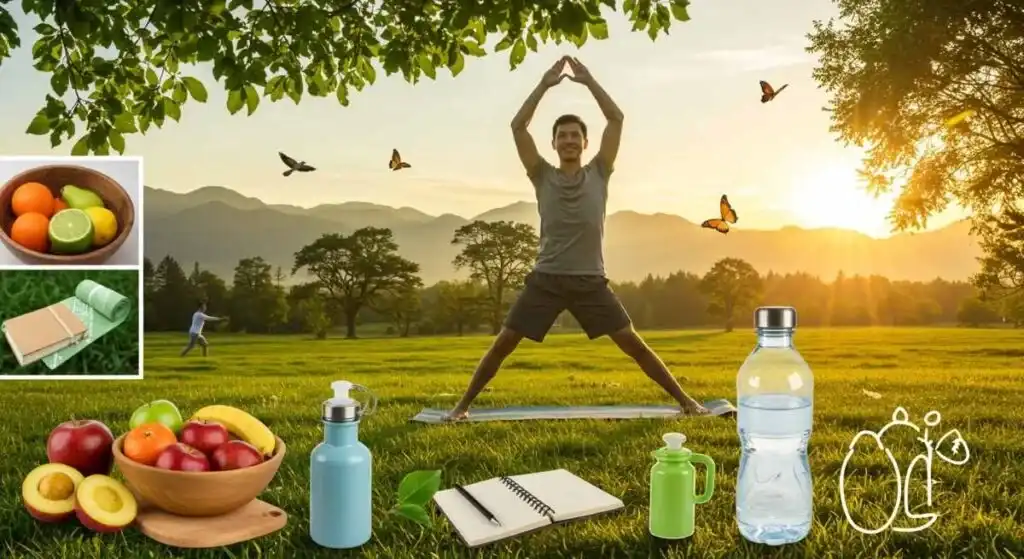 The image illustrates the benefits of a healthy lifestyle by showing a person stretching outdoors with fruit, water bottles, and health accessories around.
