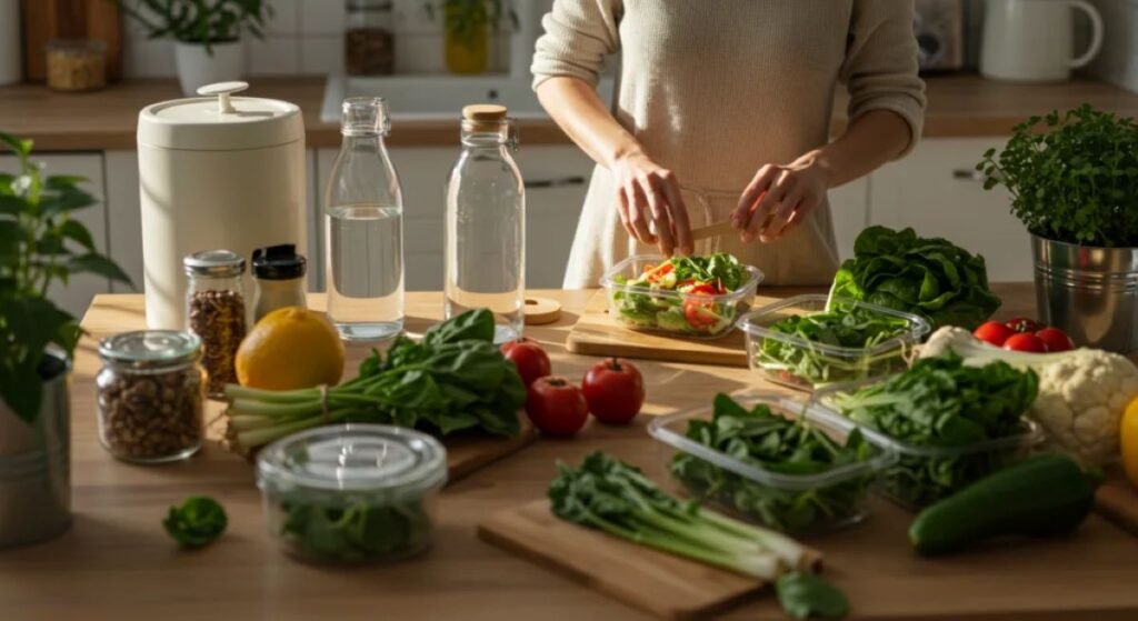 a vibrant scene of healthy living: a person is in the process of preparing a fresh salad in a clean and organized kitchen. Surrounding them are colorful vegetables like tomatoes, spinach, lettuce, cauliflower, cucumbers, and an orange. Complementing the setting are two bottles of water and a container with nuts—ideal choices to fuel your day. This visual embodies healthy lifestyle tips by highlighting the importance of consuming fresh produce and staying hydrated, which are both key pillars of a balanced diet and overall well-being.