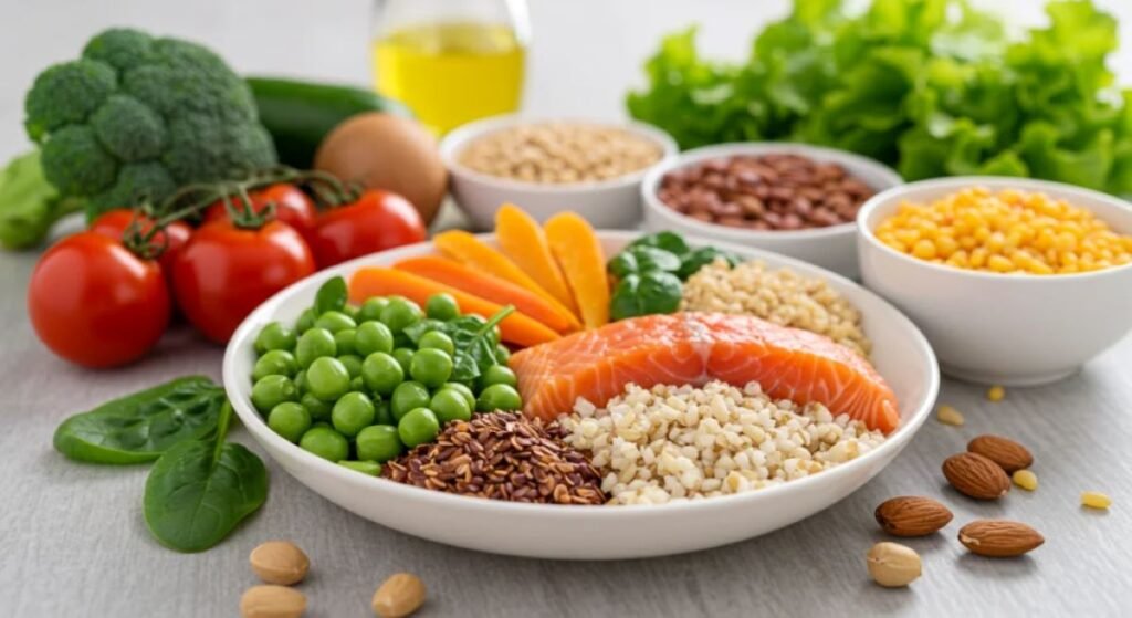 Balanced and nutritious meal with salmon, whole grains, legumes, seeds, and fresh vegetables. This clean eating concept promotes heart health, weight management, and a healthy lifestyle.