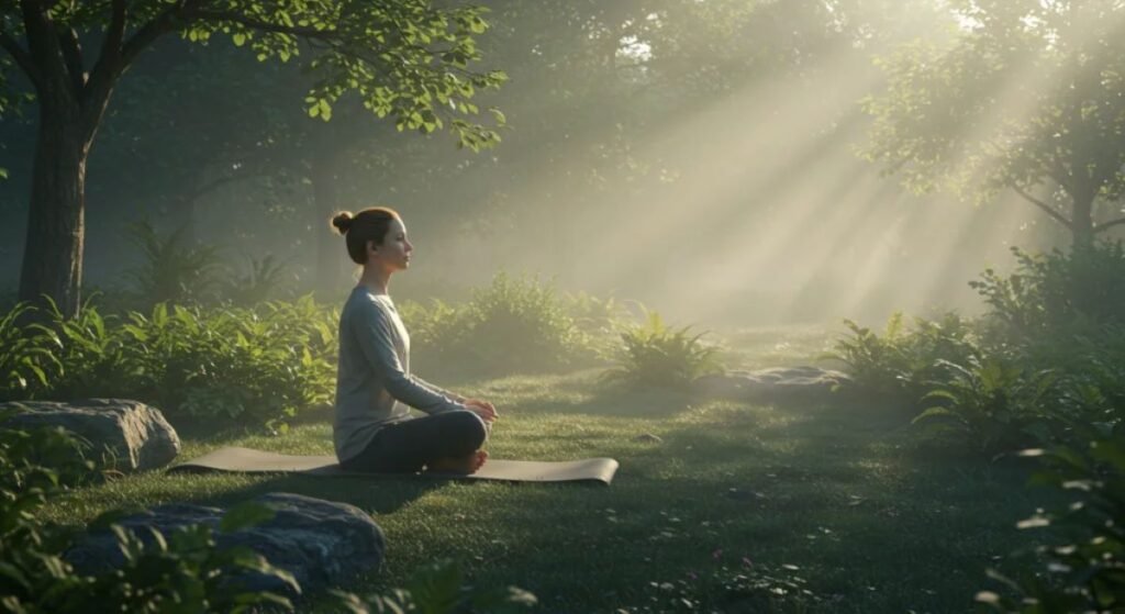 Woman meditating on a yoga mat in a peaceful forest during sunrise, surrounded by greenery and sunlight filtering through the trees symbolizing mental wellness, mindfulness, and a balanced lifestyle.