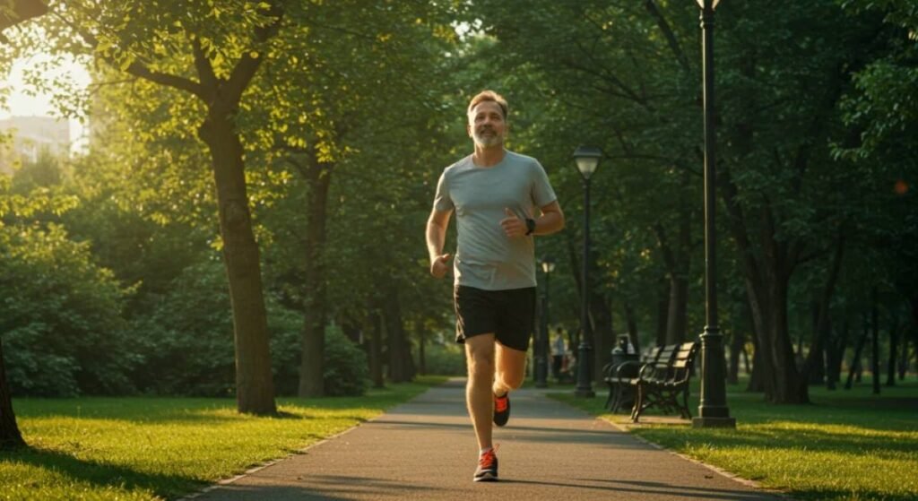 Middle-aged man jogging in a green park during sunrise, promoting cardiovascular health, stress relief, and an active lifestyle. Perfect example of daily exercise for well-being.