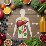 Illustrative image highlighting the relationship between healthy foods and liver health, with fruits, vegetables and juices offered around a human figure.