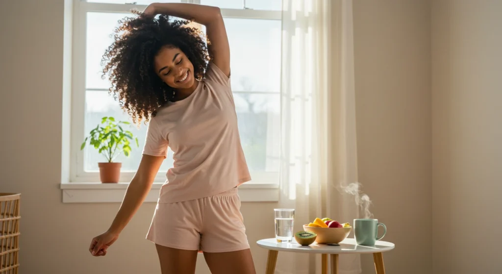 Young woman stretching in a bright environment, promoting natural well-being and detox. In the background, fresh fruit on a table, symbolizing health.