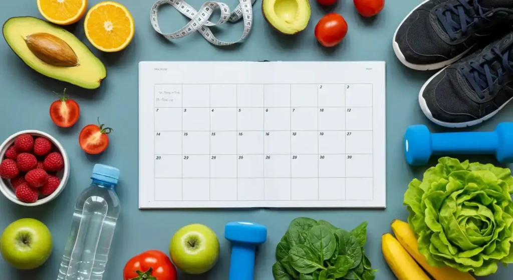 Colorful image showing healthy ingredients and workout equipment for a natural and detox lifestyle, including fruits, vegetables and dumbbells.