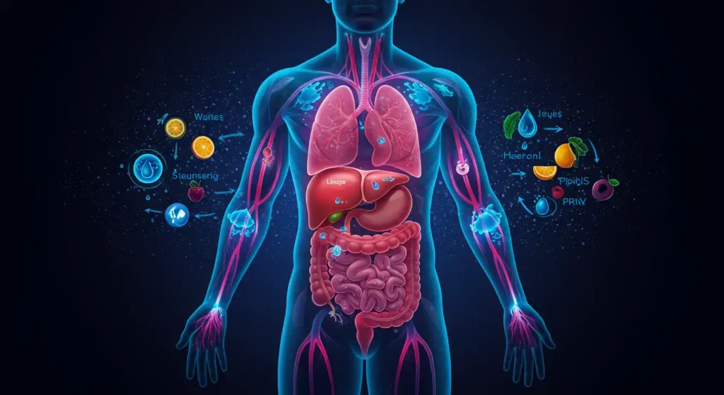 Detailed illustration of the human digestive system highlighting organs such as the liver, lungs and intestines, representing a focus on natural detox.