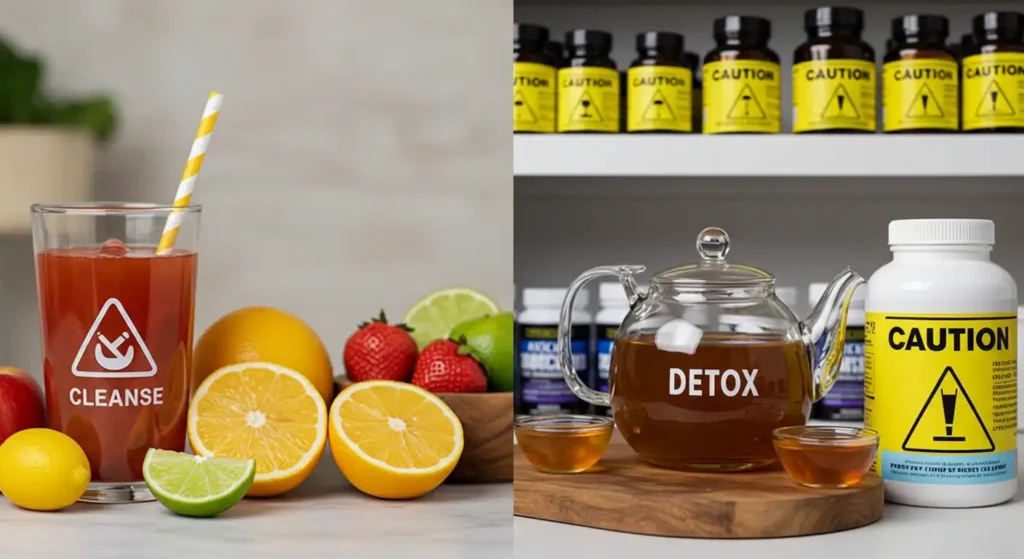 Image of natural detox drinks with fresh fruit and cleaning products. Ideal for those seeking a healthy and balanced lifestyle.