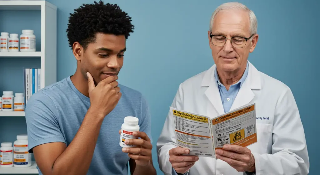 Image of a man holding a supplement with the guidance of a doctor, emphasizing the importance of choices for health.