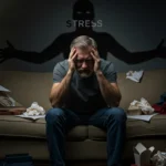 Distressed man sitting on a sofa with the shadow of a character symbolizing stress, surrounded by crumpled papers and cluttered objects.