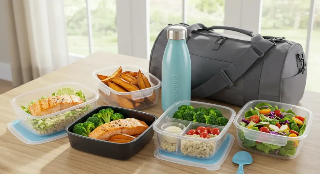 Image of healthy food stored in containers with a bottle and a cooler bag, ideal for meals on the go.